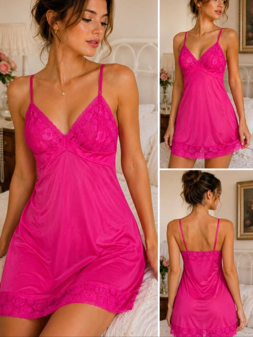 Vintage Vanity Fair Fuchsia Lace-Trim Slip Chemise with Adjustable Straps